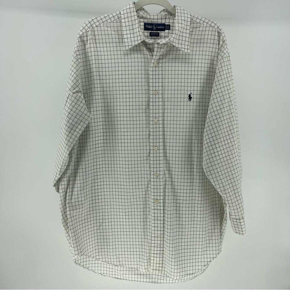 Ralph Lauren Yarmouth 100% Cotton White Plaid Oxford Shirt, Men's 17.5 Neck